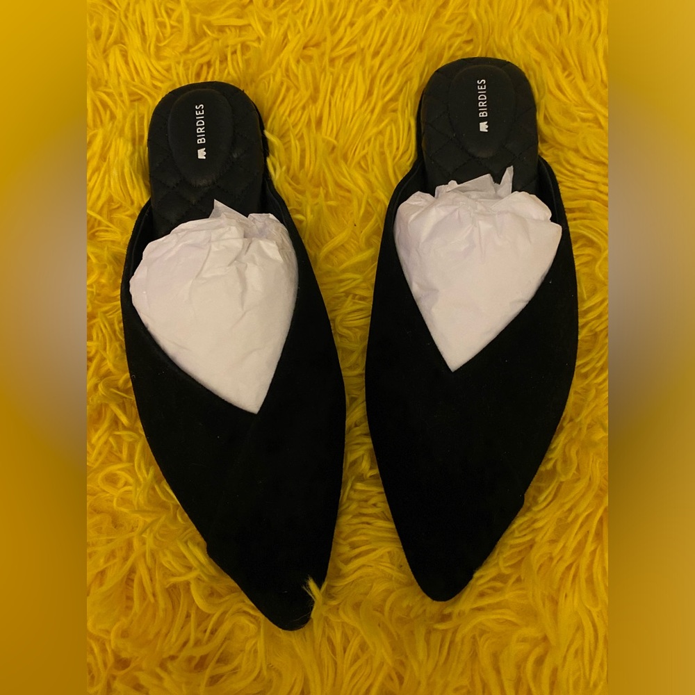 New Birdies The Swan Black Suede Flat Mules Size 8